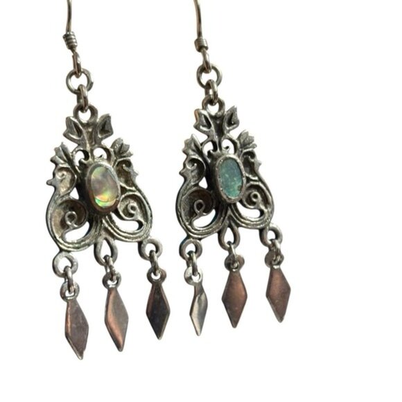 Abalone Shell Earrings Pot Metal Silver Tone Southwestern VTG Dangle Drop Ornate - Picture 2 of 10
